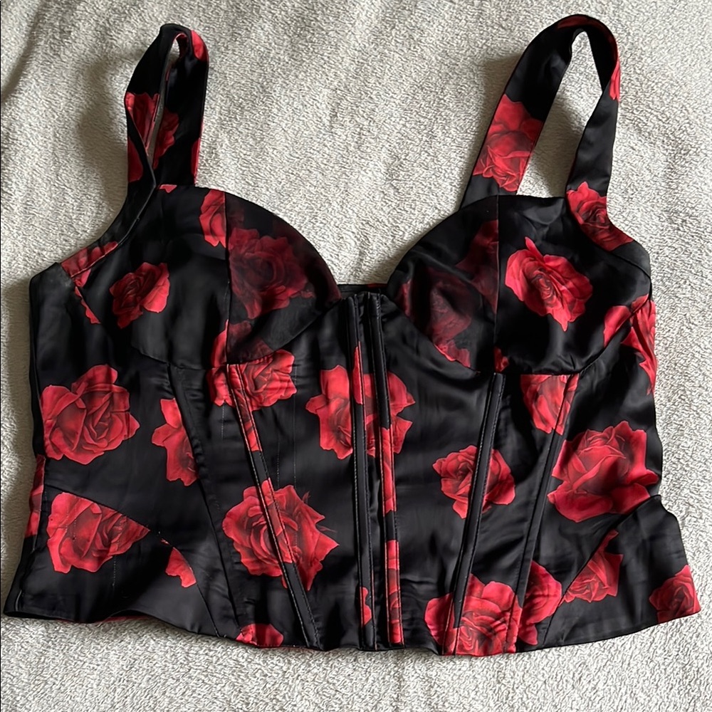 Princess Polly Black and Red Floral Bustier